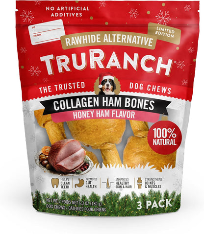 TRURANCH Collagen Drumsticks, Honey Ham, 1 Bag, 3 Count, Holiday Limited Edition, Stocking Stuffer, All-Natural Hydrolyzed Collagen, Rawhide Free, for Small, Medium and Large Dogs