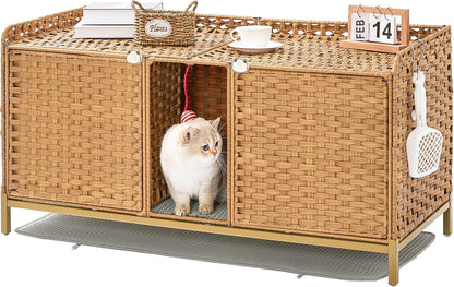 Cat Litter Box Enclosure for 2 Cats, Hidden Litter Box Furniture with Mat, Large Rattan Cat House with Double Room and Door, 47.3 L x 19.7 W x 24 H, 2 S-Shaped Hooks for Living Room Natural