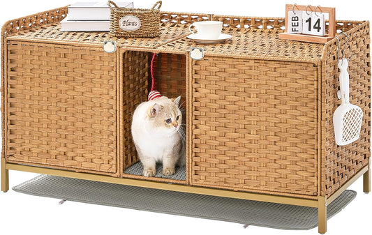 Cat Litter Box Enclosure for 2 Cats, Hidden Litter Box Furniture with Mat, Large Rattan Cat House with Double Room and Door, 47.3 L x 19.7 W x 24 H, 2 S-Shaped Hooks for Living Room Natural
