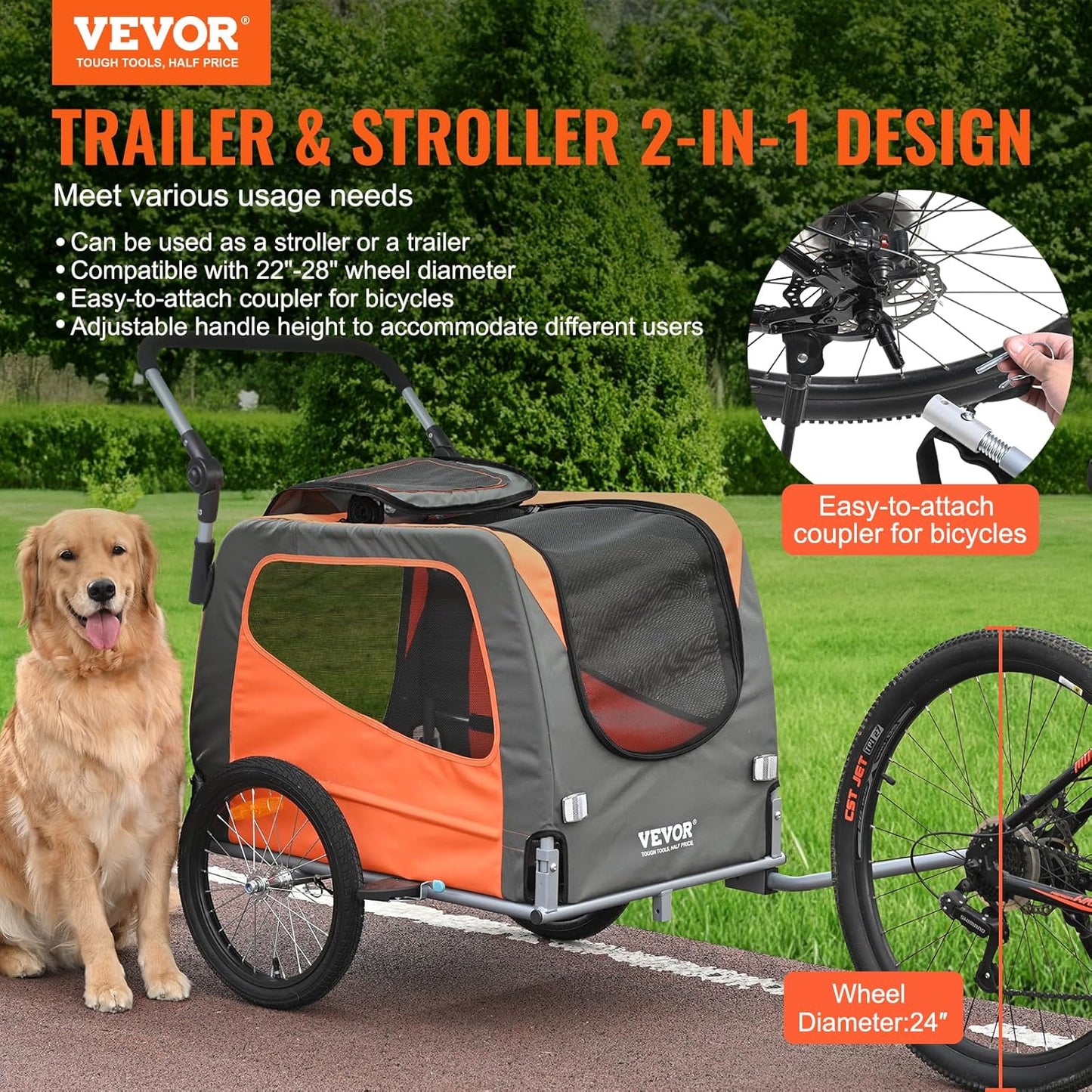 VEVOR Dog Bike Trailer, Supports up to 66/88/100 lbs, 2-in-1 Pet Stroller Cart Bicycle Carrier, Easy Folding Cart Frame with Quick Release Wheels, Universal Bicycle Coupler, Reflectors, Flag