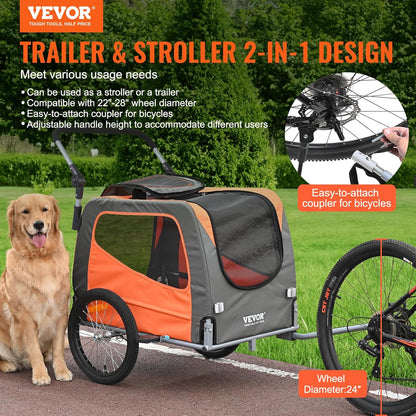 VEVOR Dog Bike Trailer, Supports up to 66/88/100 lbs, 2-in-1 Pet Stroller Cart Bicycle Carrier, Easy Folding Cart Frame with Quick Release Wheels, Universal Bicycle Coupler, Reflectors, Flag