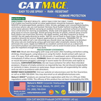 Nature's Mace Cat Mace Cat Repellent, Spray Deterrent for Urine Marking, Keep Cats Away for Outdoor & Indoor Use, Scratching, Flowerbeds, Yards, Pets, Garden, Plants, Ready-to-Use, 40 oz Spray