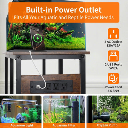 20-29-37 Gallon Fish Tank Stand with 3 Power Outlet 2 USB Port, Metal Aquarium Stand with 4-Tier Adjustable Storage Shelves, 30''L* 13''W*30''H Reptile Tank Stand, Fish Tank Table