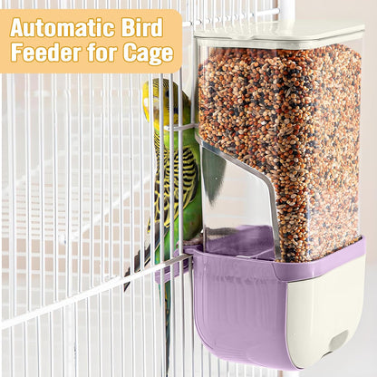 BNOSDM Wooden Bird Tunnel Parrot Swing Toys Natural Hanging Nest and BNOSDM No Mess Bird Cage Feeders Automatic Feeder for Fincheses, Parakeets, Budgies, Lovebirds, Cockatoos, Canaries (Purple)