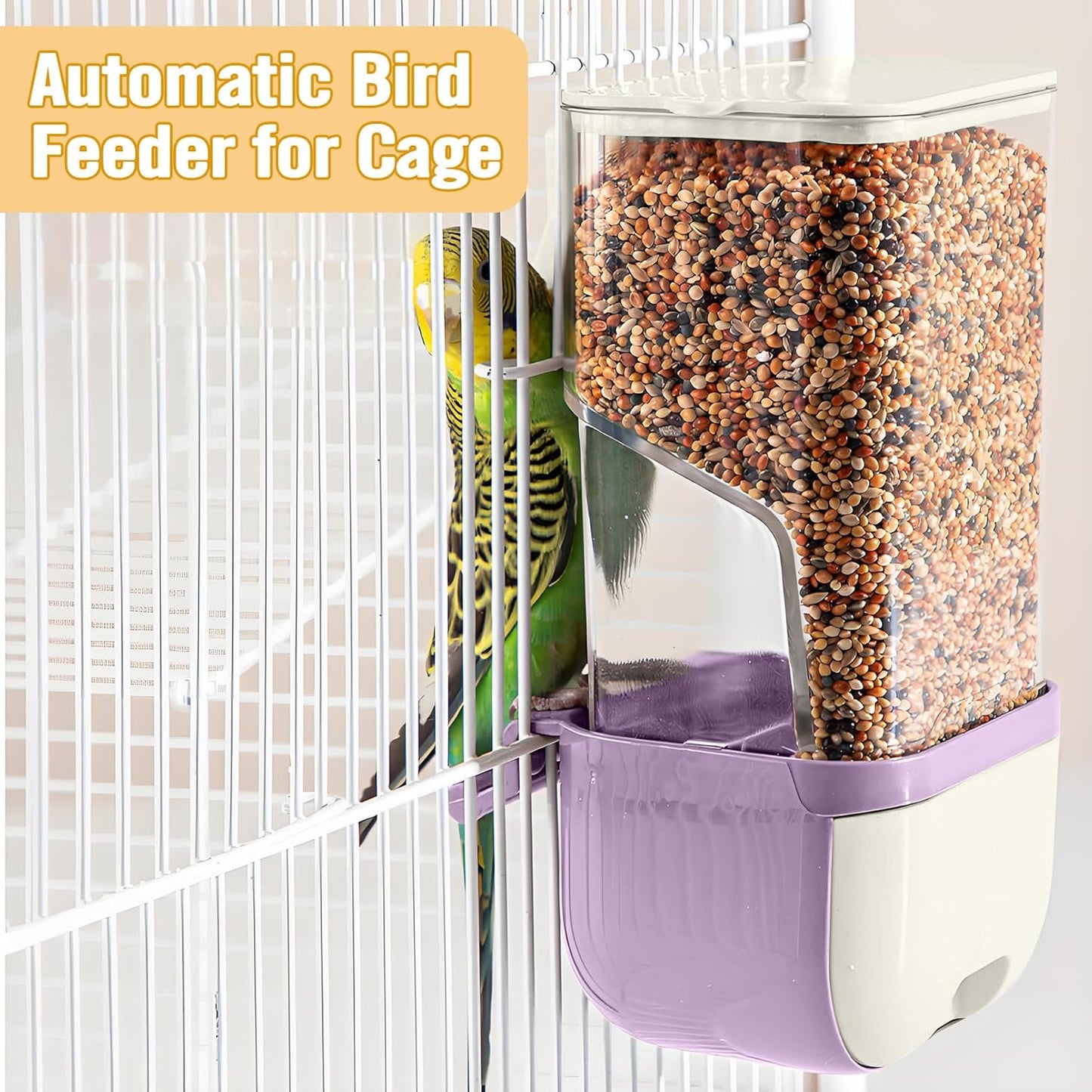 BNOSDM Wooden Bird Tunnel Parrot Swing Toys Natural Hanging Nest and BNOSDM No Mess Bird Cage Feeders Automatic Feeder for Fincheses, Parakeets, Budgies, Lovebirds, Cockatoos, Canaries (Purple)