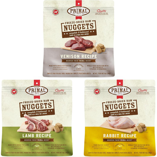 Primal Freeze Dried Raw Dog Food Nuggets Premium Protein Bundle, Venison, Lamb, Rabbit - Complete & Balanced Meal, Topper or Treat, Premium, Healthy, Grain Free, High Protein, 14 oz Each