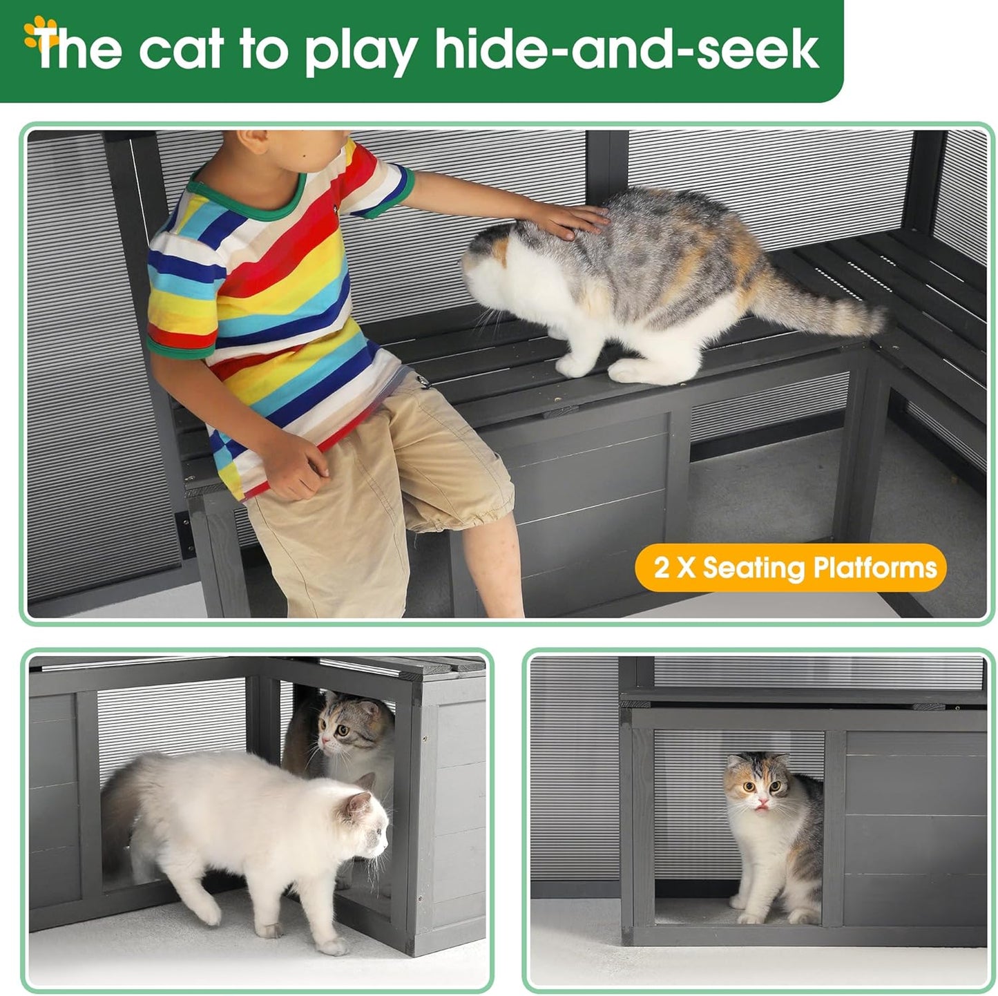 KEIKI Luxury Wooden Cat Cage Outdoor Cat Catio Enclosure 56ft²Extra Large Kitten Run House for Multiple Pets, Walk in Kitten Kennel with Bouncy Bridge, Platforms, Resting Houses, UV Resistant, Gray