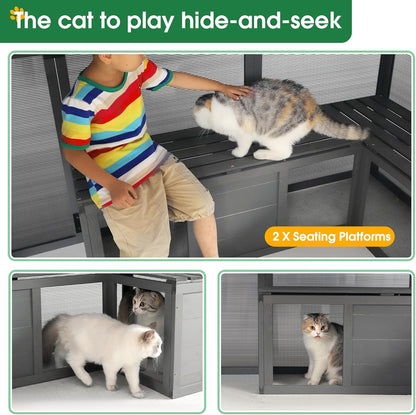 KEIKI Luxury Wooden Cat Cage Outdoor Cat Catio Enclosure 56ft²Extra Large Kitten Run House for Multiple Pets, Walk in Kitten Kennel with Bouncy Bridge, Platforms, Resting Houses, UV Resistant, Gray