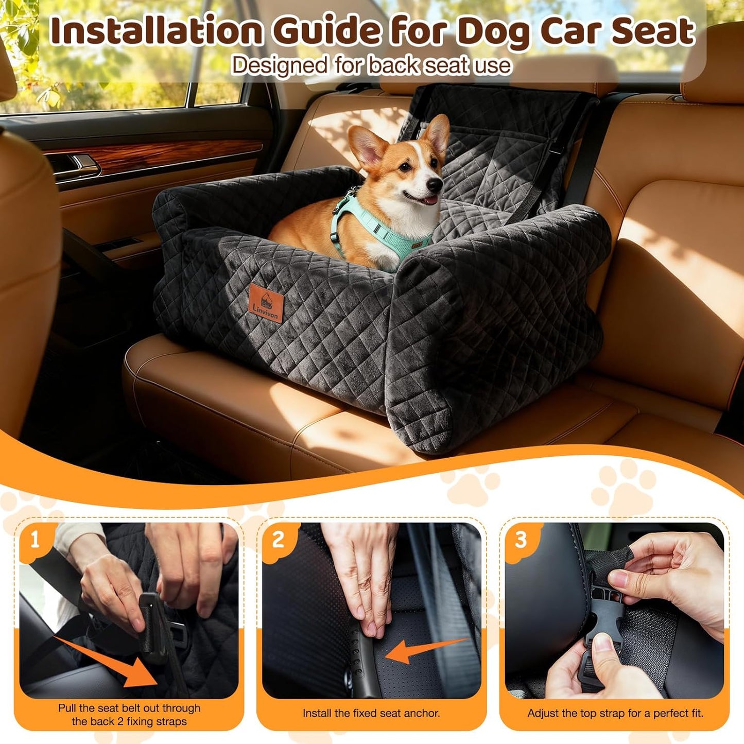 Dog Car Seat for Medium/Large Dogs up to 60 lbs, Memory Foam Dog Booster Seat with Thick Cushion, Pet Car Seat for Back with Detachable Washable Cover, Storage Pockets for SUV, Pick Up, Trunk, Black