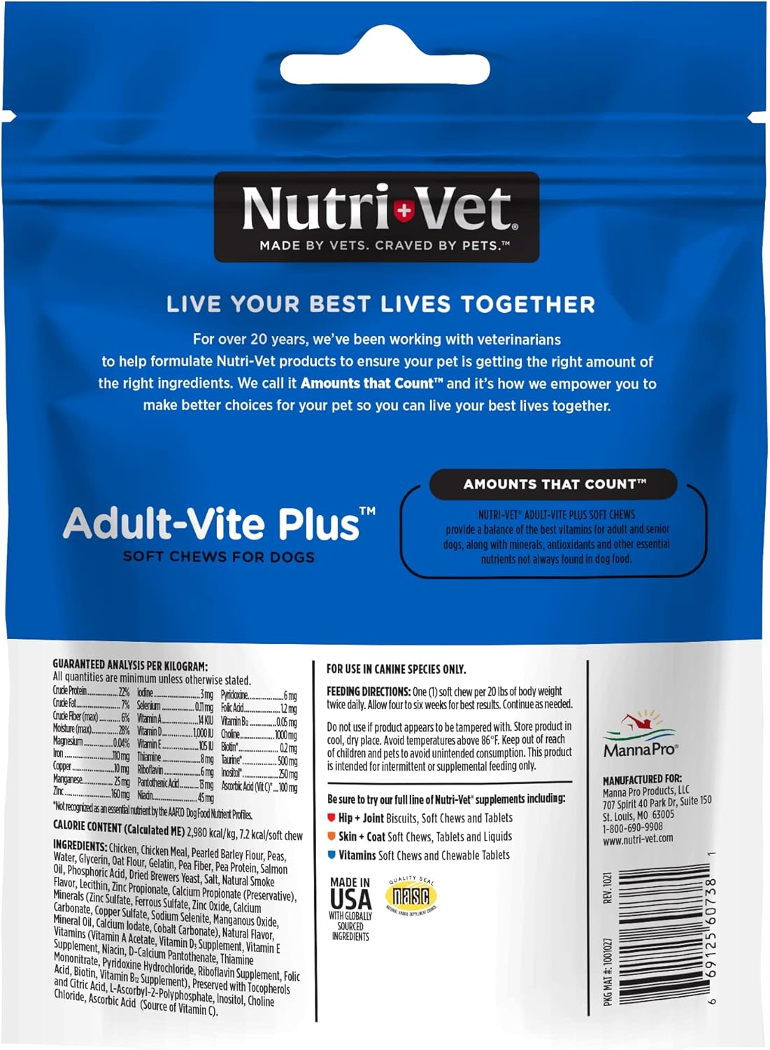 Nutri-Vet Adult-Vite Plus Dog Multivitamin Soft Chews, Daily Dog Supplement with Vitamins Minerals and Antioxidants, Supports Skin, Immune, Joint, and Gut Health, Tasty Chicken Flavor, 70 Count