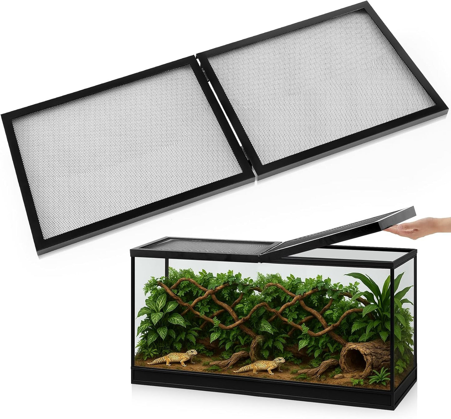 Landhoow 60 Gallon Screen Cover for Hinged Door Pet Reptile Terrarium Screen Cover Large Reptile Terrarium Fish Tank Lid with Center Hinge