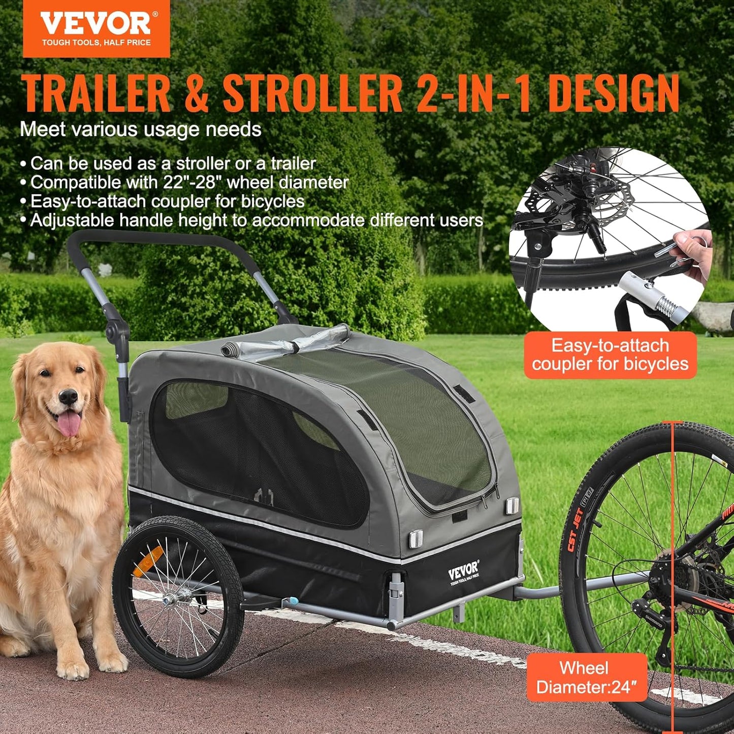 VEVOR Dog Bike Trailer, Supports up to 66/88/100 lbs, 2-in-1 Pet Stroller Cart Bicycle Carrier, Easy Folding Cart Frame with Quick Release Wheels, Universal Bicycle Coupler, Reflectors, Flag