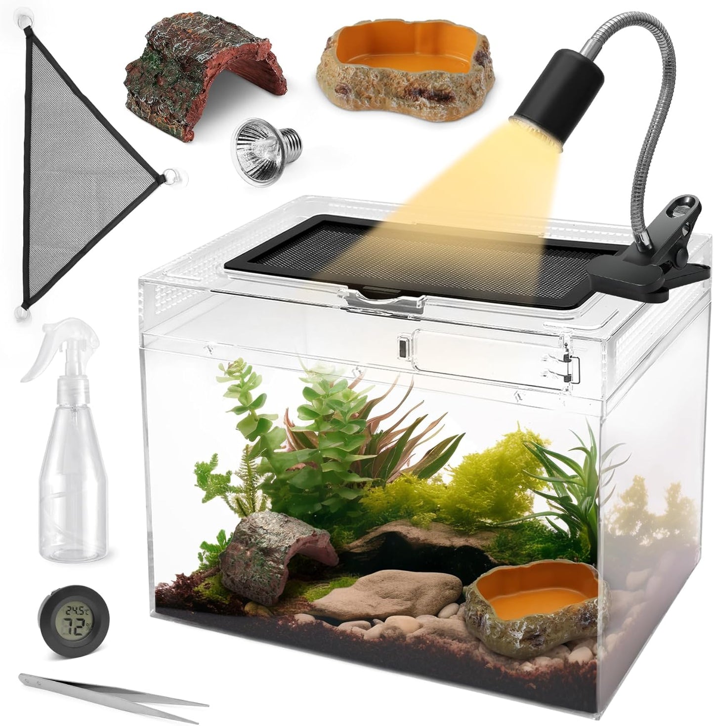 AZV Small Habitat Terrarium Enclosure, and Large Reptile Terrarium,Reptile Tank 15x8x10in Amphibian Isopod Tank Starter Kit with Bearded Dragon Hammock,Heat Lamp,Hide Cave for Geckos Lizard