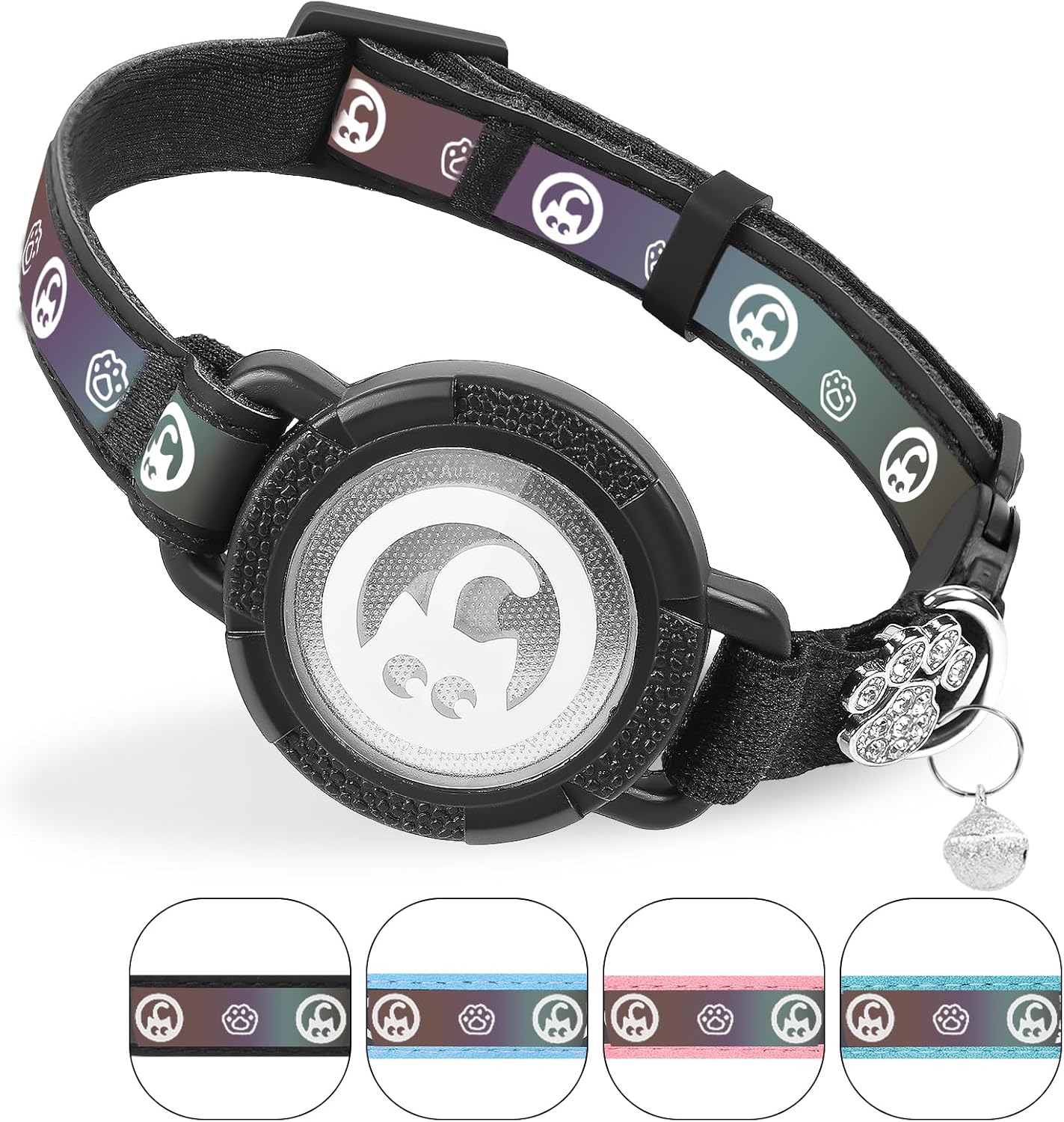 Airtag Cat Collar | Waterproof Cat Collars Airtag Holder - Breakaway Cat Airtag with Bells, Cute Diamond Paw, Reflective, Lightweight GPS Cat Collar for Girl Boy Cats, Kitten(Black, S(9.5"-13")