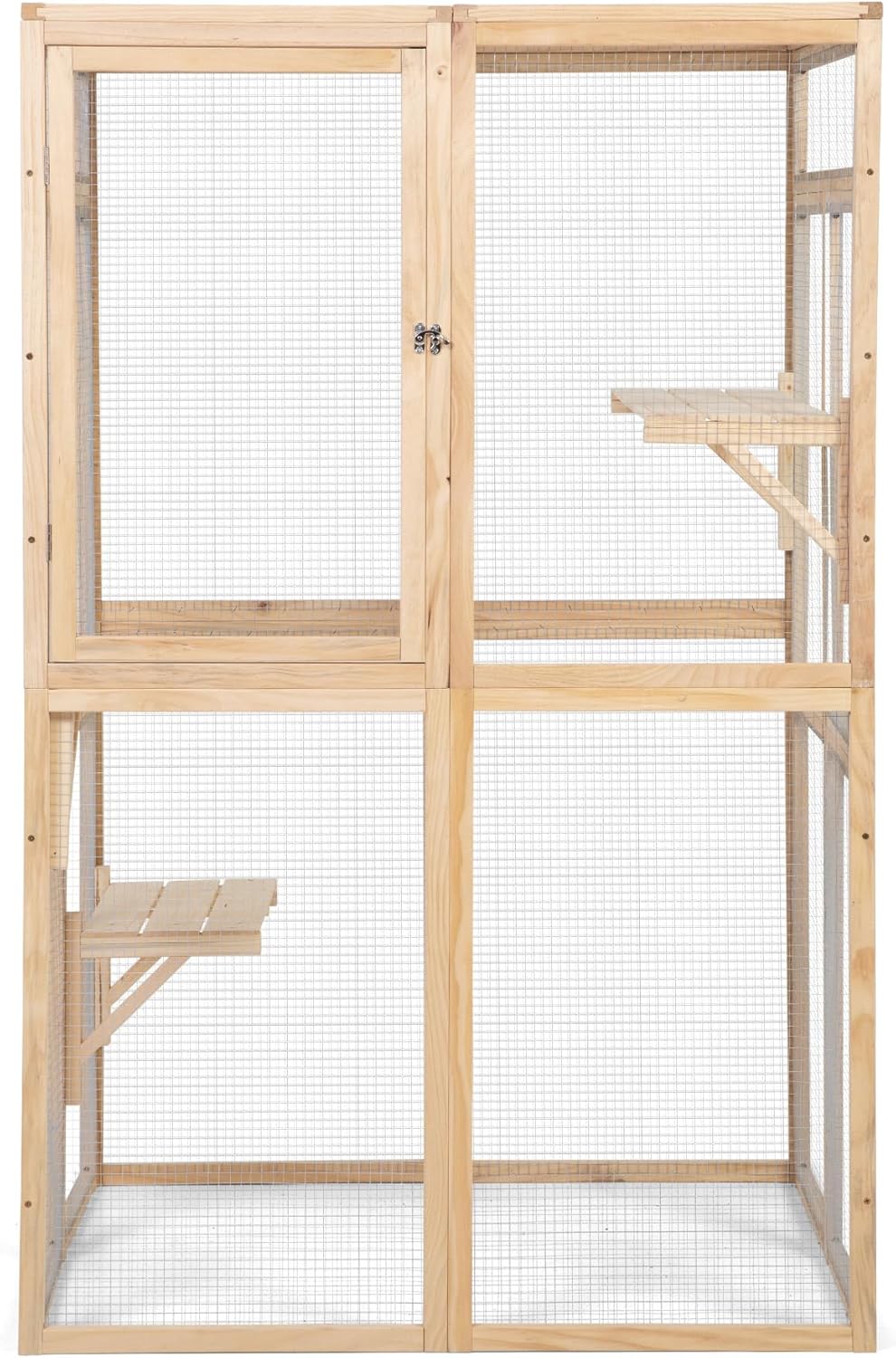 LUMILAND Wooden Outdoor Cat Catio for Safe Playtime, Spacious Enclosure with Platforms and Hammock, Burlywood