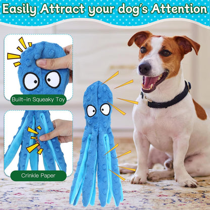 3 Pack Squeaky Dog Toys Octopus No Stuffing Crinkle Plush Dog Toy Interactive Puppy Teething Chewing Pet Supplies for Chewer, Small, Medium (Blue, Green)