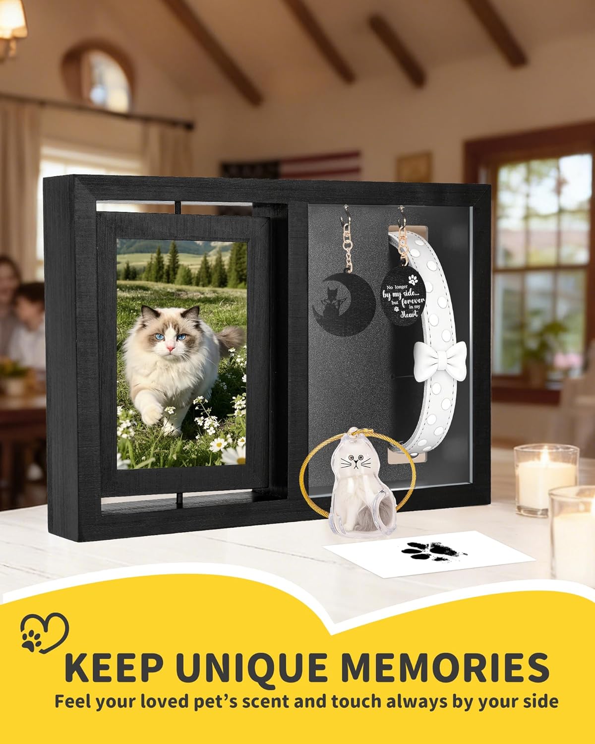 Dog & Cat 3-IN-1 Memorial Wooden Picture Frame Set, Lost Pet Sympathy Gifts with 360° Rotation Wooden Picture Frame for Two 4"x6" Photos, Pet Memory Gifts for Dog/Cat Passing