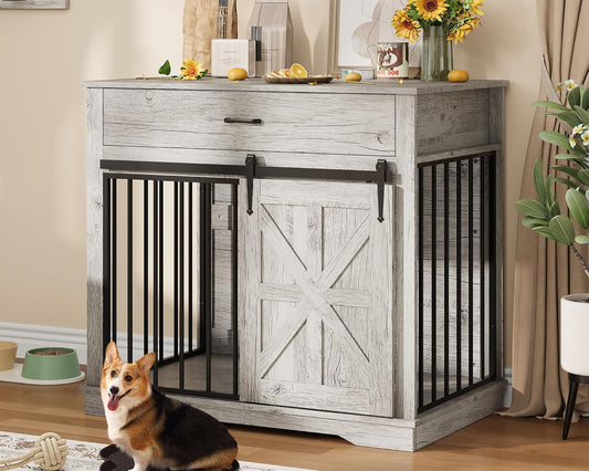 37.8" W Dog Crate Furniture for Small/Medium Dogs, 2-in-1 Iron-Wood Fusion Dog Cage Indoor As Side End Table, Farmhouse Dogs Kennel with Sliding Barn Doors & Storage Drawer, Grey