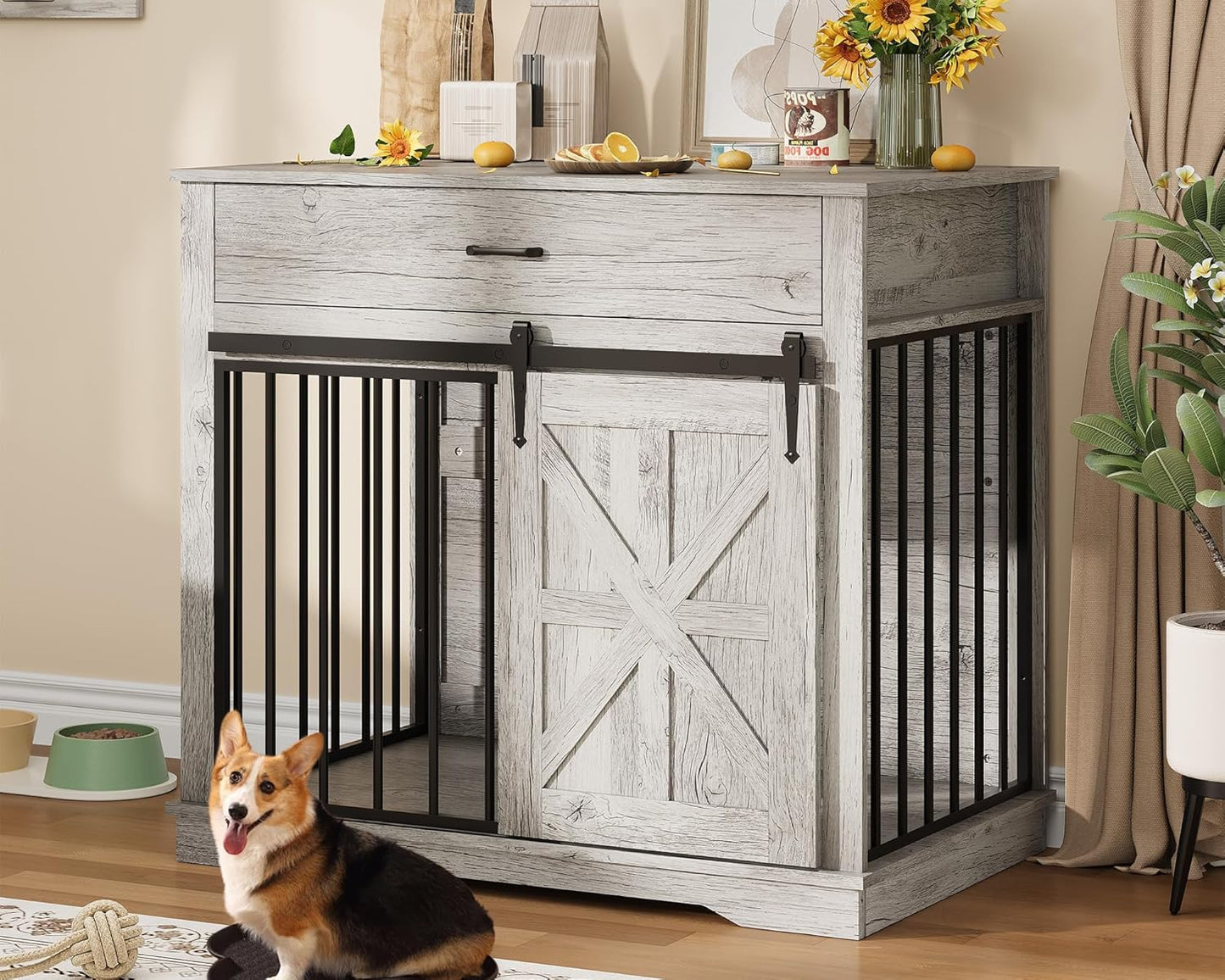 37.8" W Dog Crate Furniture for Small/Medium Dogs, 2-in-1 Iron-Wood Fusion Dog Cage Indoor As Side End Table, Farmhouse Dogs Kennel with Sliding Barn Doors & Storage Drawer, Grey
