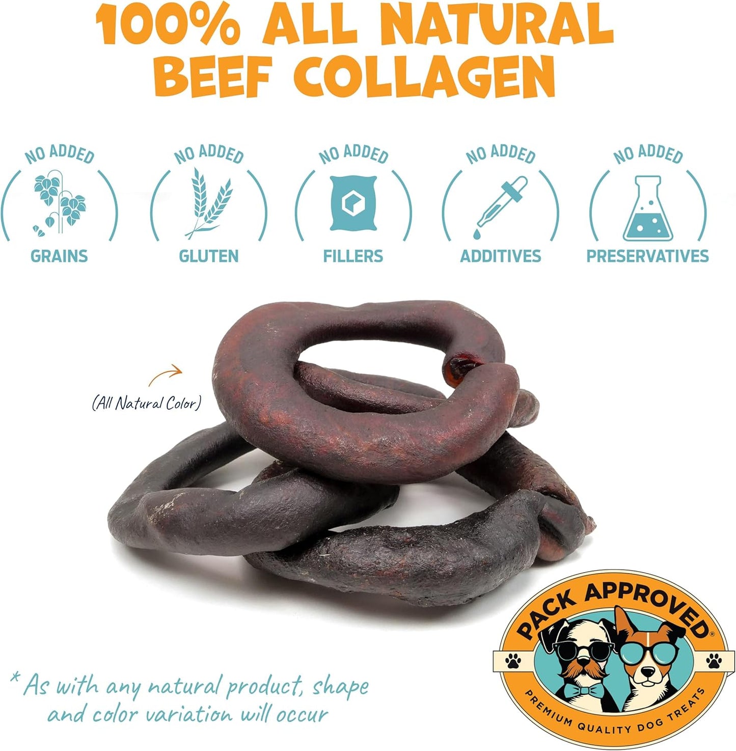 Beef Collagen Chews - Rawhide Free, Long Lasting - 100% Beef Corium, Single Ingredient Dog Treat - Puppy Teething Rings, Natural - 3.5" Rings, Pack of 4