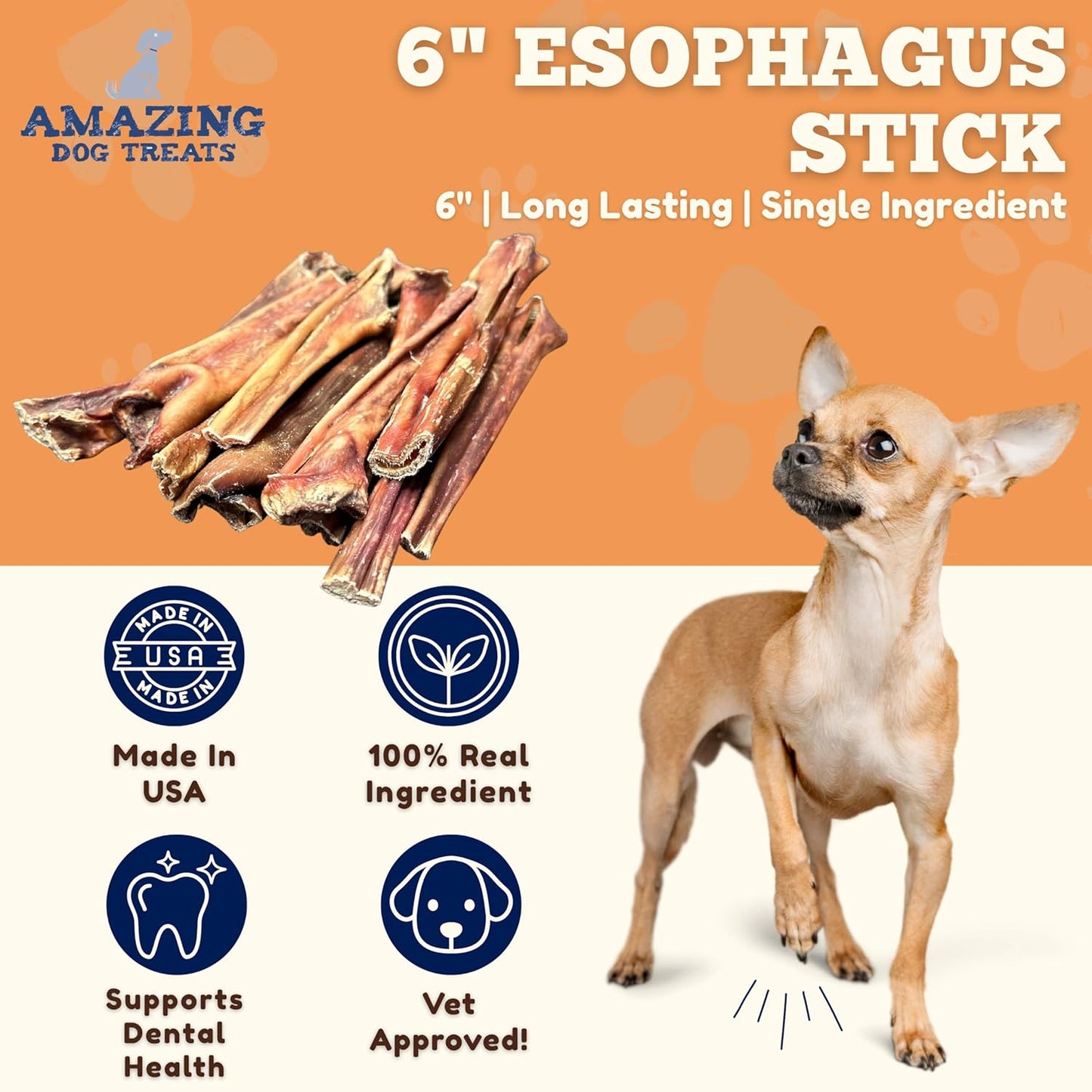 Amazing Dog Treats Gullet Sticks for Dogs- (6 Inch - 20 Count) - Jerky Chews for Dogs - Esophagus Beef Gullet