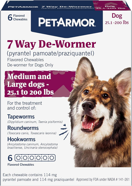 PetArmor 7 Way De-Wormer for Dogs, Oral Treatment for Tapeworm, Roundworm & Hookworm, Large Dog Dewormer (Over 25 lbs), Worm Remover (Praziquantel & Pyrantel Pamoate), 6 Flavored Chewables
