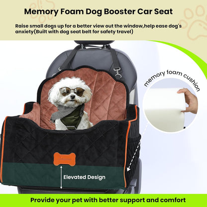 Dog Car Seat for Small Dogs Under 30lbs, Detachable Washable Pet Booster Seat with Safety Belt & Storage Pockets, Travel Car Bed, Black/Brown