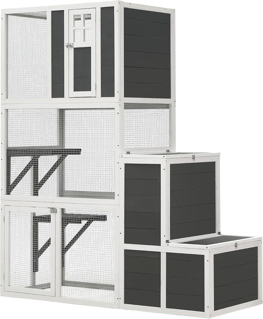 KEIKI Outdoor Cat Catio Enclosures 3-Tier Wooden Cat House with 4 Platforms and 2 Doors, Kitty House Shelter with a Jump Box for Hiding and Resting, 71"H Tall Kitten Cage for 1-3 Pets, UV-Proof, Gray