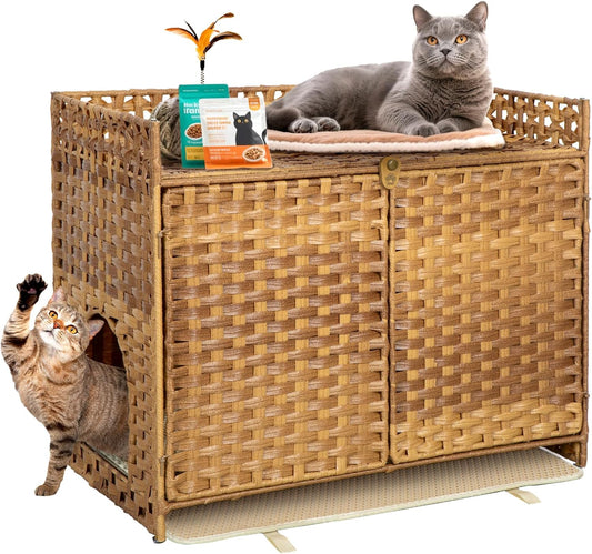 Hidden Cat Litter Box Enclosure Furniture - Handwoven Rattan Pet House with Removable Mat, Elevated Metal Feet, Large 30.3x18.2x24.5 Inches for Modern Design Indoor Living