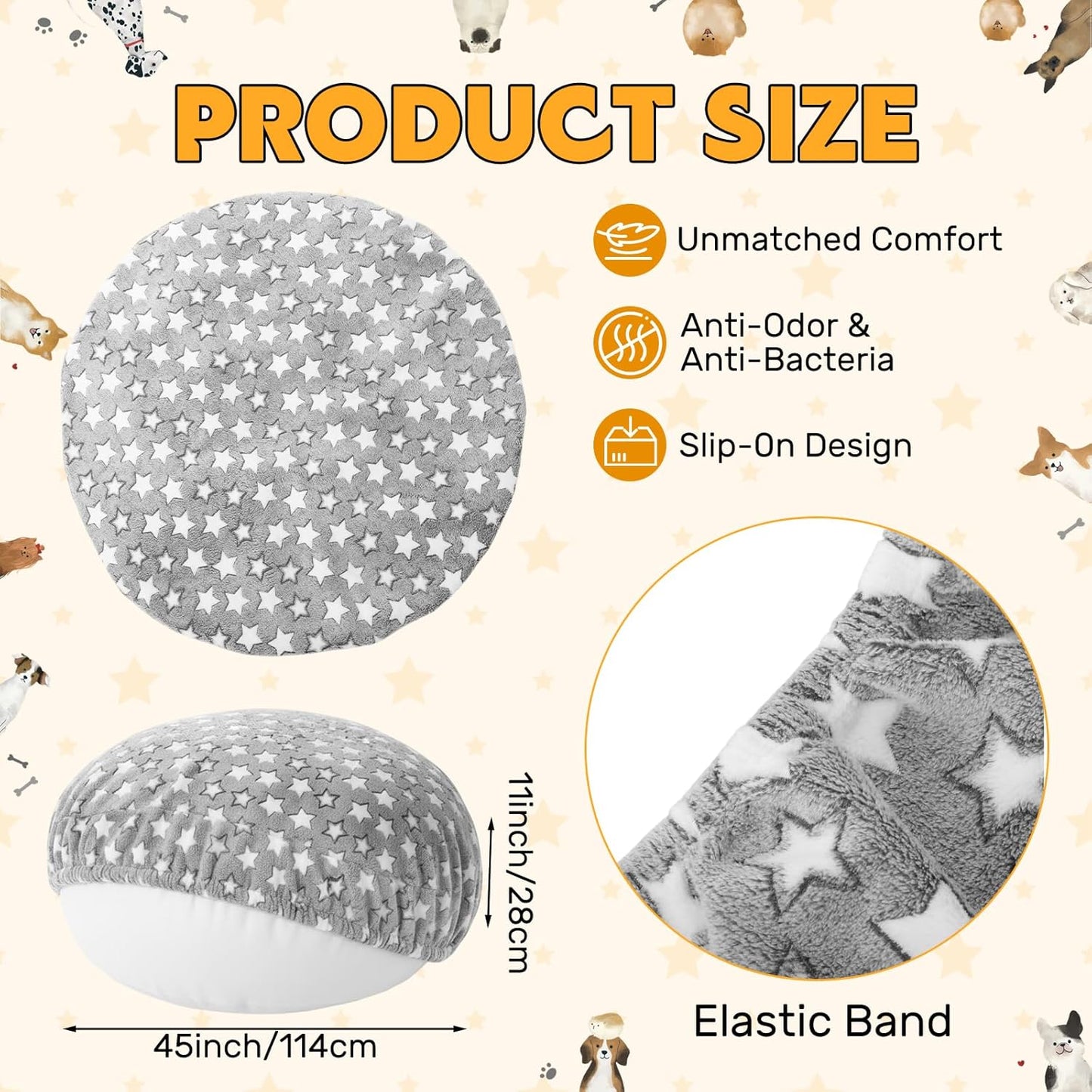 Youyole Washable Dog Bed Cover Replacement Waterproof Round Bed Cover for Dog Gray Soft Pet Beds Protector Sheet with Lovely Star Print for Donut Beds & Pet Couch (45 x 45 x 11 Inch)
