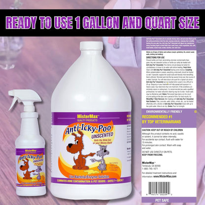 Mister Max Anti Icky Poo Pet Urine Enzyme Cleaner & Feces Odor Remover, Enzymatic Cleaner for Dog & Cat Urine, Pet Odor Remover Spray, 1 Gallon & Quart Size Unscented