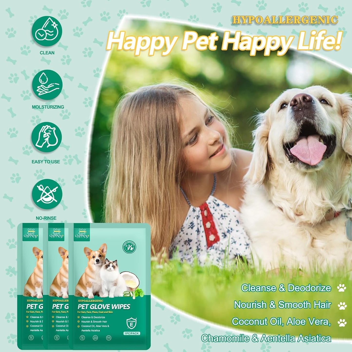 20 PCS Pet Cleaning and Deodorizing Bathing Grooming Glove Wipes for Dogs and Cats, Extra Thick Nourish Fur No-Rinse Grooming Wipes for Daily Care and Travel, Hypoallergenic