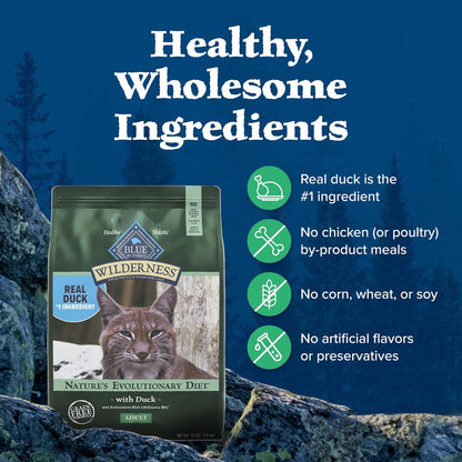 Blue Buffalo Wilderness Nature's Evolutionary Diet High-Protein, Grain-Free Natural Dry Food for Adult Cats, Duck, 5-lb. Bag