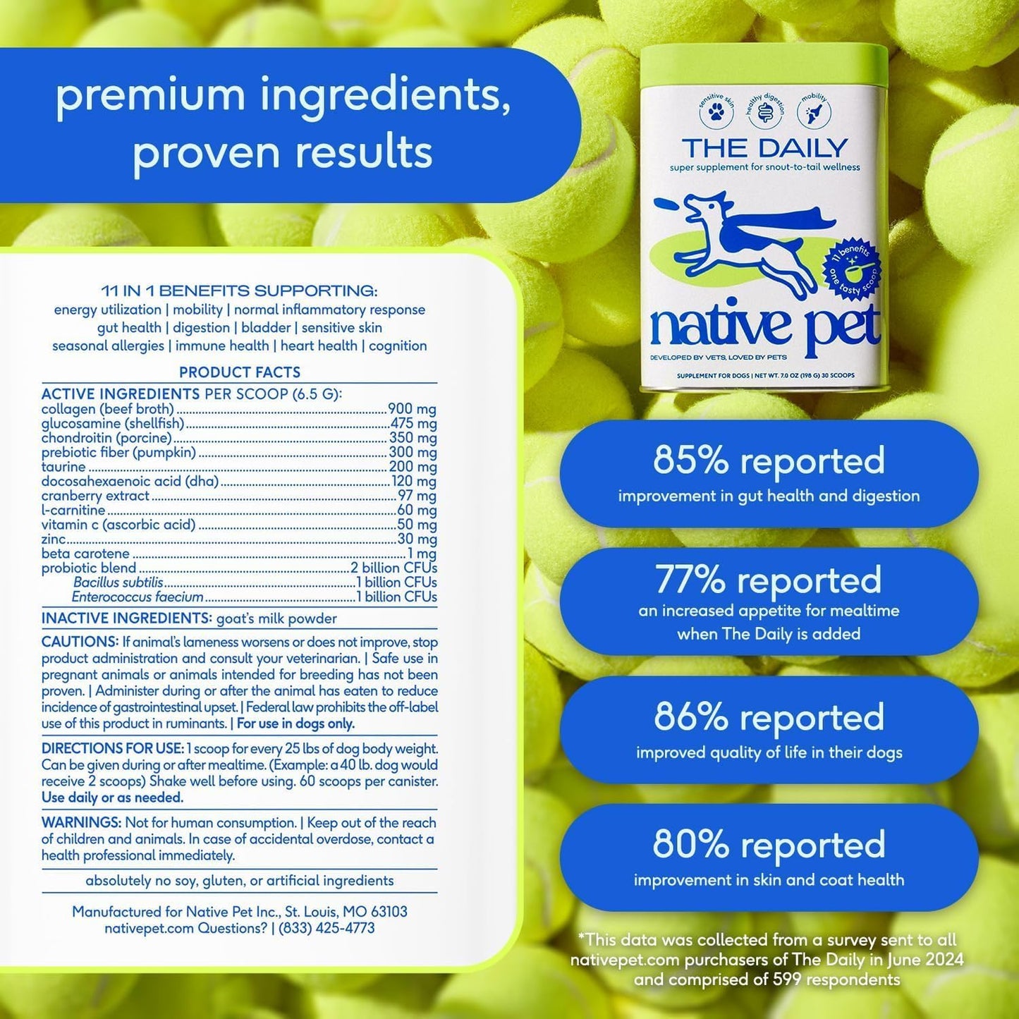 Native Pet Dog Vitamins & Supplements - 11-in-1 Vitamin Powder for Dog Food Topper - Collagen, Glucosamine, Probiotics, Omega & More- Supports Healthy Gut, Mobility & Overall Health - 90 Scoops