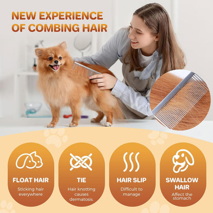 7.5 Inch Professional Solid Brass Stainless Steel Pet Dog Cat Grooming Comb,Wide & Dense Teeth for Removing Tangles, Knots,Undercoat,Excess Hair, Rounded Corners Design for Safe,Metal Dematting Tool