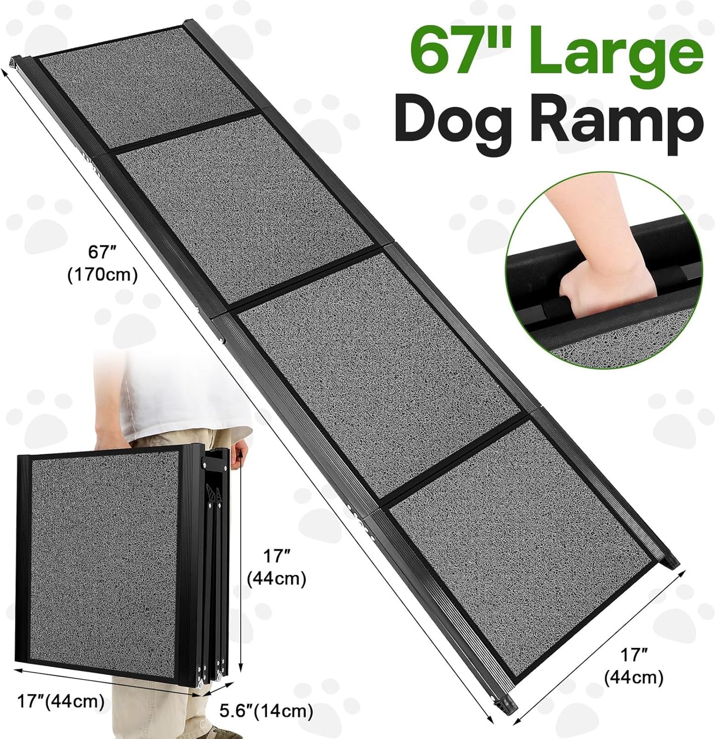 67''x 17'' Folding Dog Ramp for Truck, Aluminum Pet Ramp for Large Dogs, Foldable Dog Stairs Steps Up to 250LBS, with Non-Slip Rug Surface for Car, SUV, Bed, Indoor & Outdoor(Wire Loop Fabric)