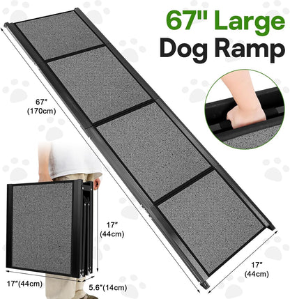 67''x 17'' Folding Dog Ramp for Truck, Aluminum Pet Ramp for Large Dogs, Foldable Dog Stairs Steps Up to 250LBS, with Non-Slip Rug Surface for Car, SUV, Bed, Indoor & Outdoor(Wire Loop Fabric)