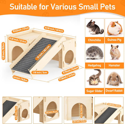 Guinea Pig Hideout House, Basic Large Wooden Hamster Hideout with Climbing Ladder & Rest Zone, Bunny Castle Tower Toy for Guinea Pig Chinchilla Gerbil Hedgehog Small Animal House Habitat Hut