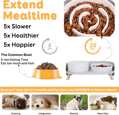 Elevated Slow Feeder Dog Bowls - Ceramic Food and Water Bowl Set with Stand - Raised Pet Dishes for Small and Medium Sized Dogs