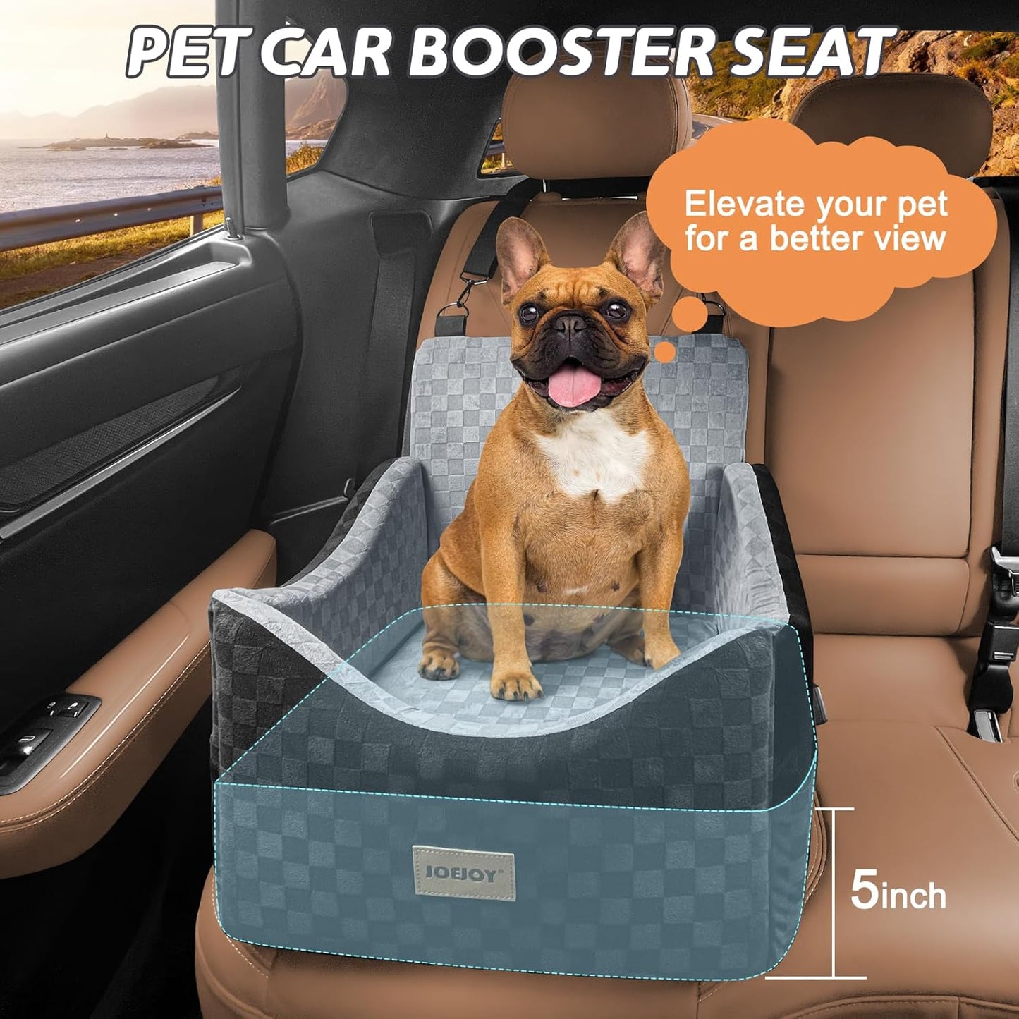JOEJOY Elevated Dog Car Seat for Small/Medium Dogs up to 35 lbs, Memory Foam Booster Seat with Detachable Washable Cover, Travel-Safe Car Bed with Safety Belts & Storage Pockets, Grey