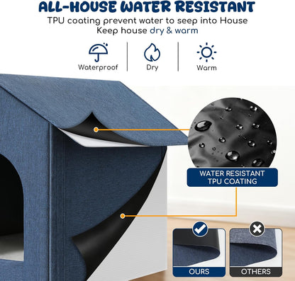 Outdoor Cat House Weatherproof, Insulated Cat Houses for Outdoor/Indoor Cats for Winter, Waterproof Feral Stray Cat Shelter with Door Curtain and Warm Cushion, Easy to Assemble, Navy Blue