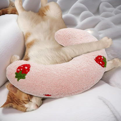 Lystaii Cat Calming Pillow for Indoor Pets - Soft Fluffy Cat & Dog Bed - Anxiety Relief with Cute Embroidery Pattern (Pink, Strawberry)