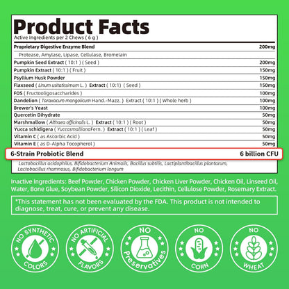 Dog Probiotics & Digestive Enzymes – Pumpkin Fiber Chews for Gut Health, Diarrhea & Upset Stomach Relief, Gas & Stool Support, Beef Flavor Soft Chews – 90 Count