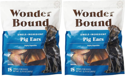 Amazon Brand - Wonder Bound Whole Pig Ears, Single Ingredient, Highly Digestible, Dog Treats for Puppy and Large/Medium Dogs, Pork, 18 Count, 12.7 Ounce (Pack of 2)