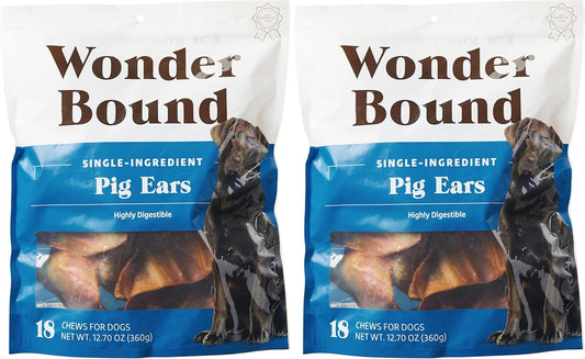 Amazon Brand - Wonder Bound Whole Pig Ears, Single Ingredient, Highly Digestible, Dog Treats for Puppy and Large/Medium Dogs, Pork, 18 Count, 12.7 Ounce (Pack of 2)