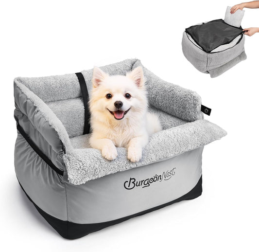 BurgeonNest Dog Car Seat for Small Dogs, Fully Detachable and Washable Cat Carseats Under 25 lbs, Soft Pet Booster Seats with Storage Pockets and Clip-On Leash Portable Car Travel Carrier Bed, Grey