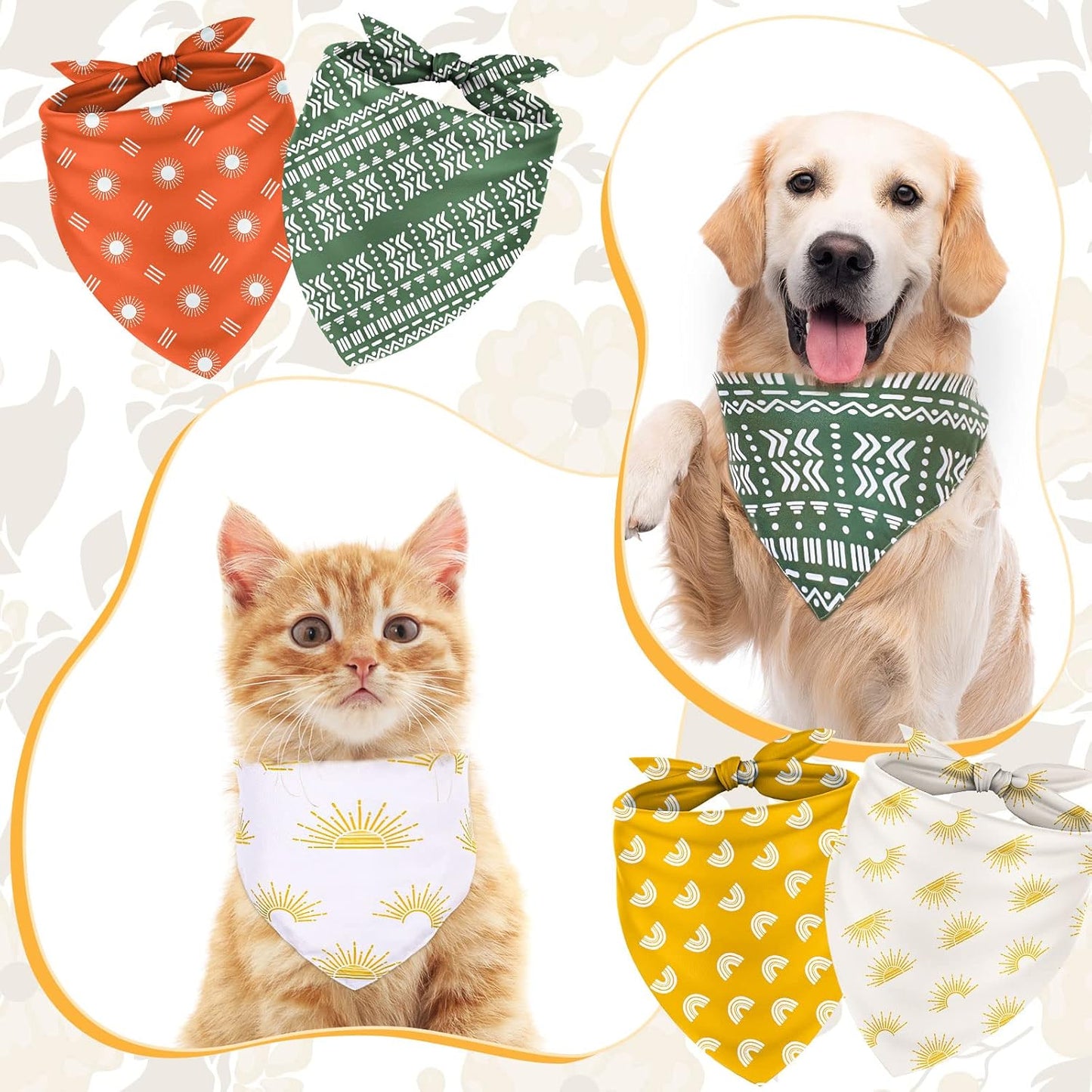 Whaline 4 Pieces Boho Pet Bandanas Rainbow Dog Scarf Washable Yellow Green Red Pet Neckerchief Triangle Dog Bibs Assortment Puppy Kerchief Accessories for Pet Costume Supply