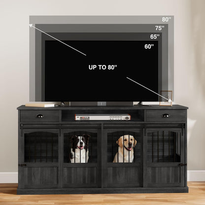 70.86" Double Dog Crate Furniture with Storage for 2 Medium Large Dogs Farmhouse Wooden Dog Kennel Furniture with 2 Sliding Doors Divider & Power Outlet Decorative Dog Cage TV Stand Dark Grey