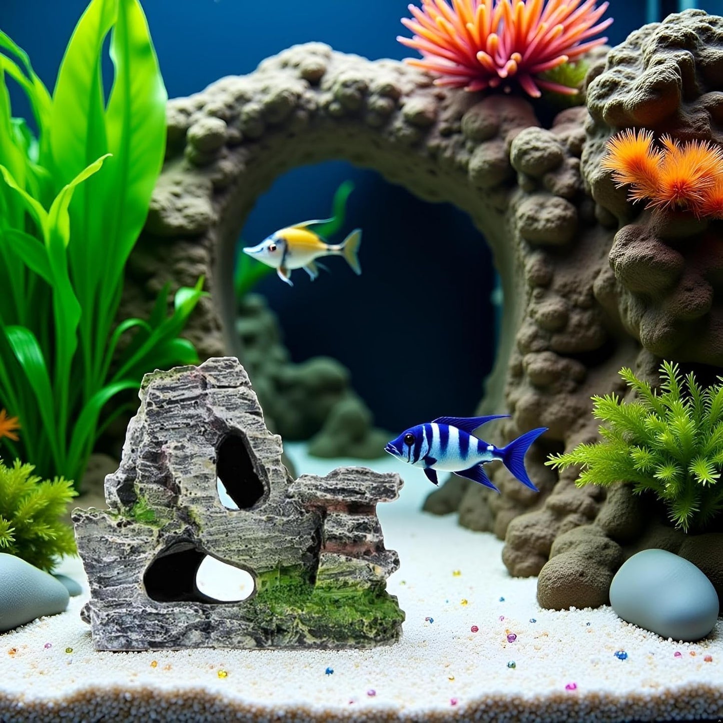 Resin Aquarium Mountain Decor with Moss Rock Cave - Multi-Level Terrain for Fish Tank Landscaping, Natural-Looking Rockery Design with Hidden Cave and Crevices for Shrimp, Reptile Habitat