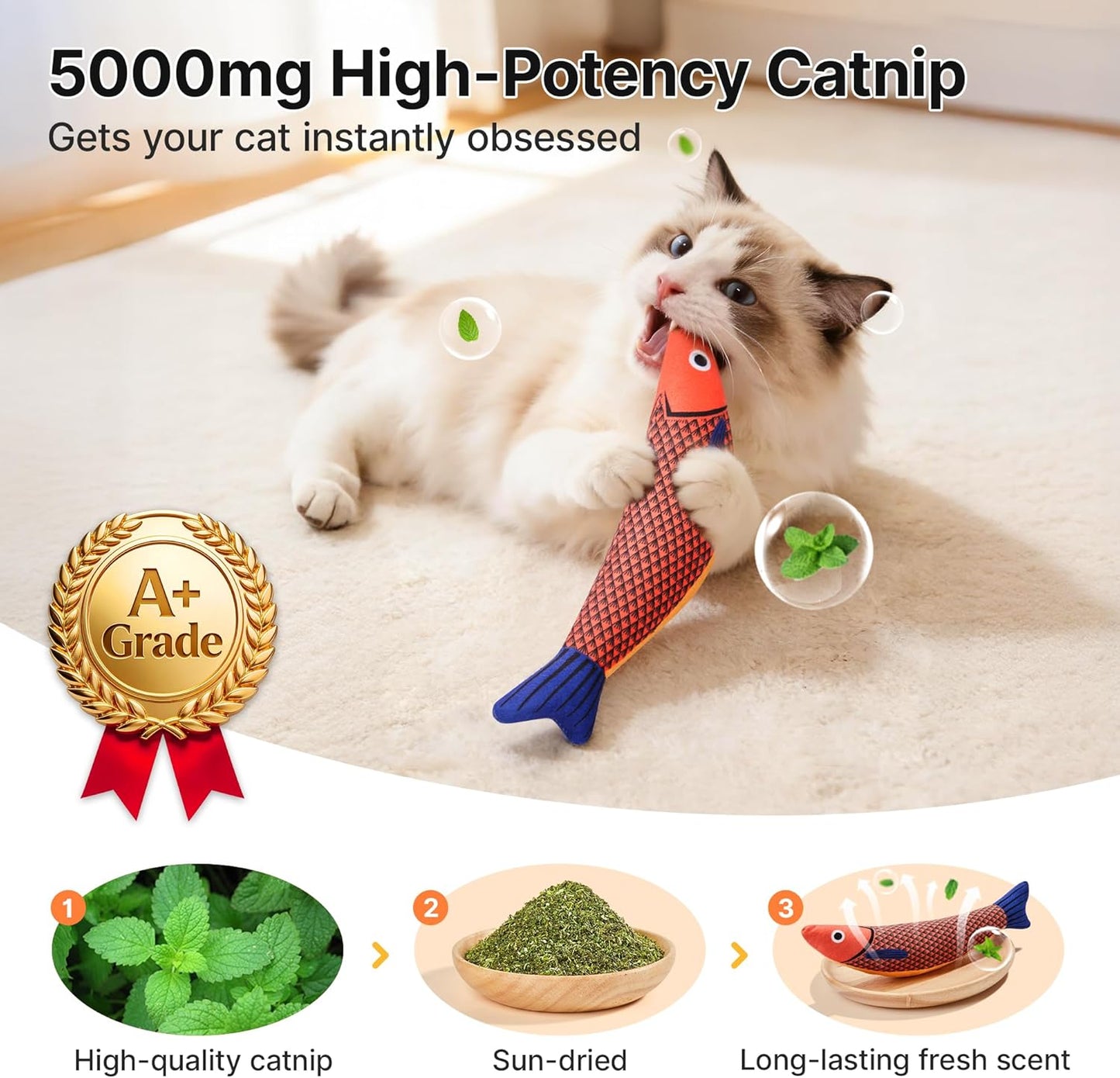 Potaroma Cat Toys Saury Fish, 3 Pack, Catnip Crinkle Sound, Soft and Durable, Interactive Kitten Kicker for Indoor Kitty Exercise 9.4 Inches for All Breeds